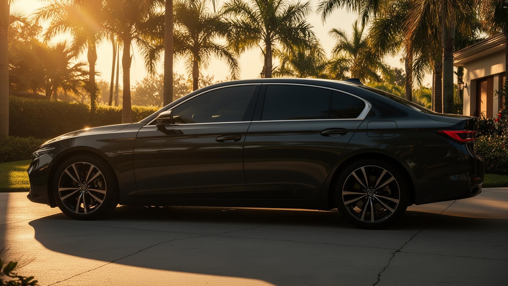 Sedan with freshly installed ceramic window tint in a sunlit Florida driveway